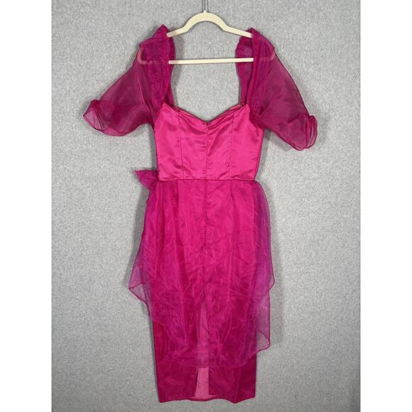 VTG 80s Prom Dress Medium Pink Puff Organza Sheer Overlay Bow Pencil Skirt Cape - Picture 10 of 14